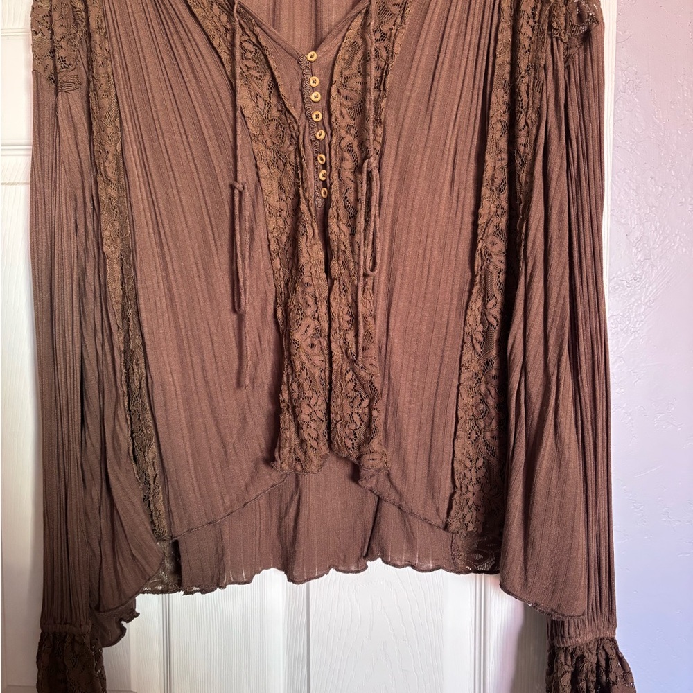 Free People Brown Lace-Detail Blouse